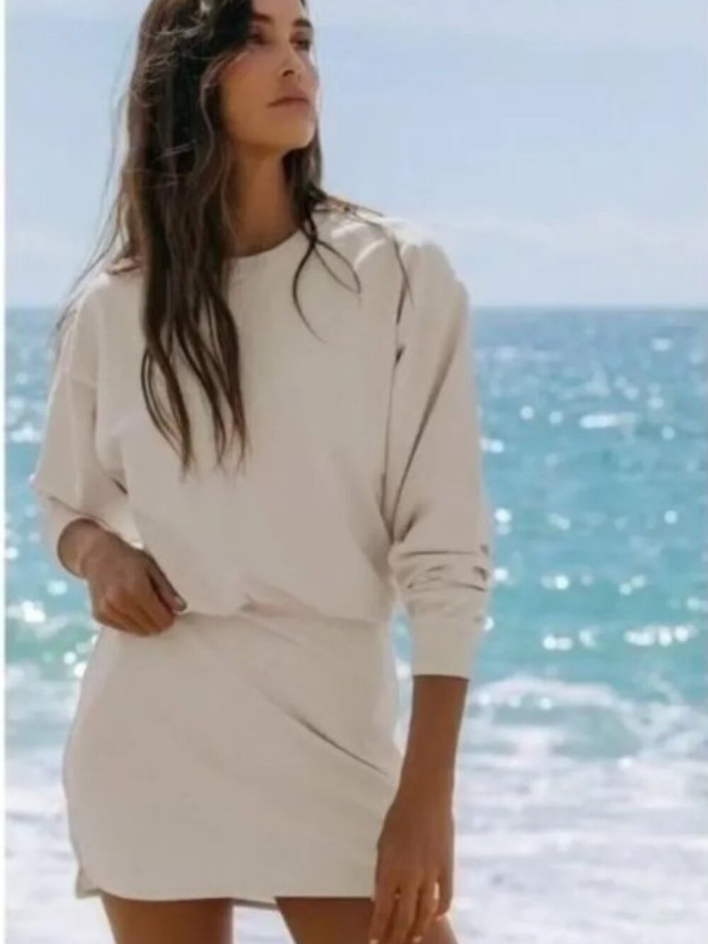 L*Space x Anthropologie Groove Long Sleeve Sweatshirt Cream Mini Dress Sz 2X
